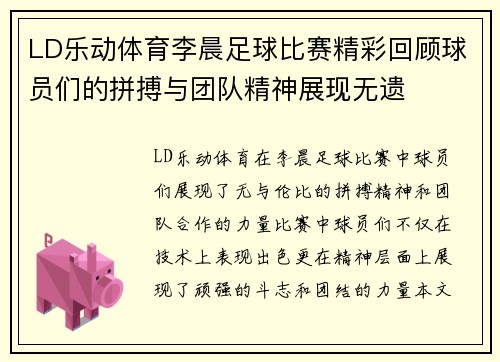 LD乐动体育李晨足球比赛精彩回顾球员们的拼搏与团队精神展现无遗